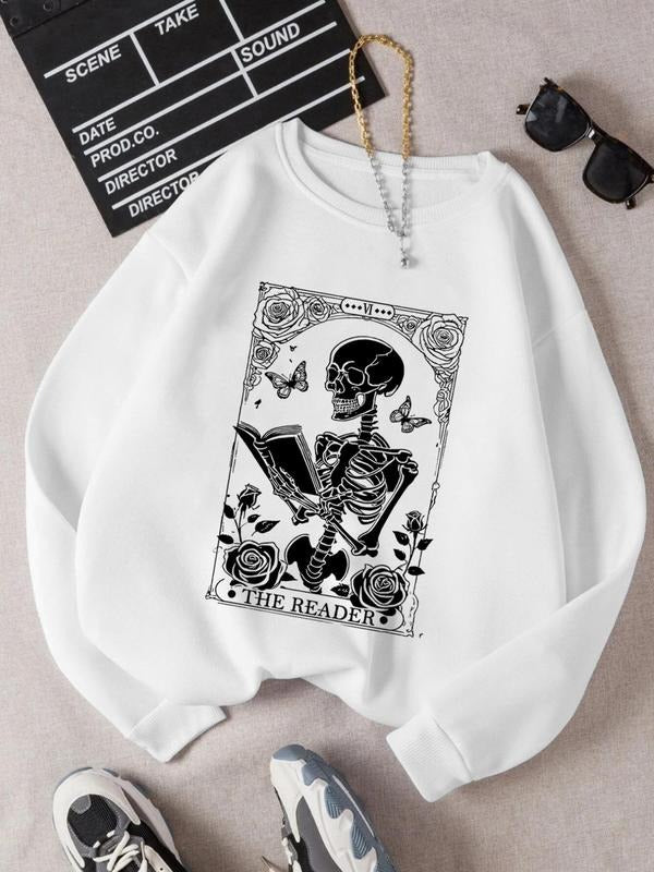 Women'WB shield Floral & Skeleton Print Drop Shoulder Sweatshirt, Casual Long Sleeve Round Neck Pullover for Fall &...