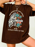 Women'WB shield Floral & Skeleton Print Round Neck Tee, Fashion Casual Letter Graphic Crew Neck T-Shirt for Daily Holiday...