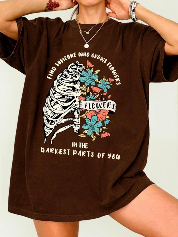 Women'WB shield Floral & Skeleton Print Round Neck Tee, Fashion Casual Letter Graphic Crew Neck T-Shirt for Daily Holiday...
