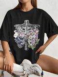 Women'WB shield Floral & Skeleton Print Round Neck Tee, Trendy Casual Drop Shoulder Half Sleeve T-shirt for Daily Wear,...