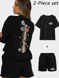 Women'WB shield Floral & Skeleton Print Tee & Sweatshorts Straw hat pirates Set, Casual Fashion Cozy Round Neck Short...