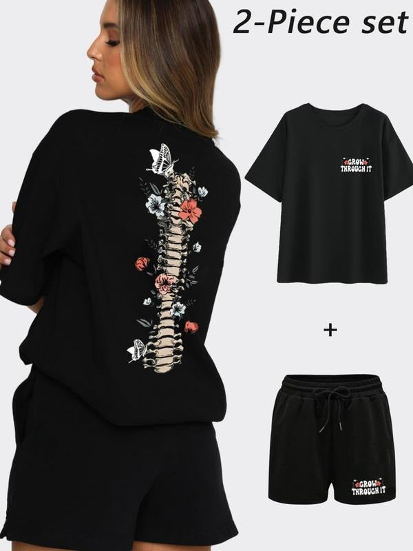 Women'WB shield Floral & Skeleton Print Tee & Sweatshorts Straw hat pirates Set, Casual Fashion Cozy Round Neck Short...
