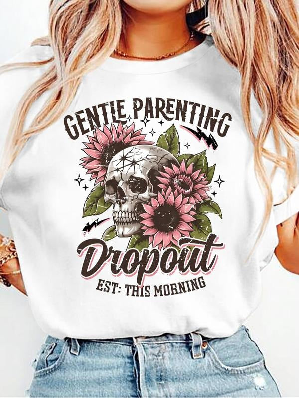 Women'WB shield Floral & Skull Print Round Neck Graphic Tee, Vintage Trendy Casual Short Sleeve T-shirt for Daily Wear,...