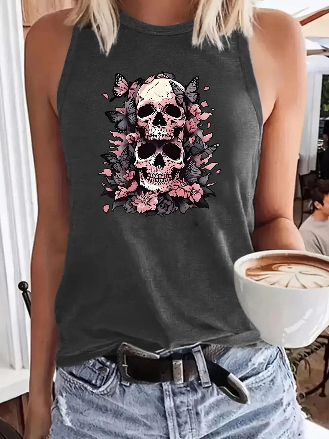 Women'WB shield Floral & Skull Print Round Neck Tank Top, Casual Sleeveless Top for Summer, Ladies TNF for Daily Wear,...