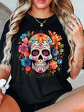 Women'WB shield Floral & Skull Print Round Neck Tee, Fashion Casual Crew Neck Short Sleeve T-Shirt for Daily Holiday...