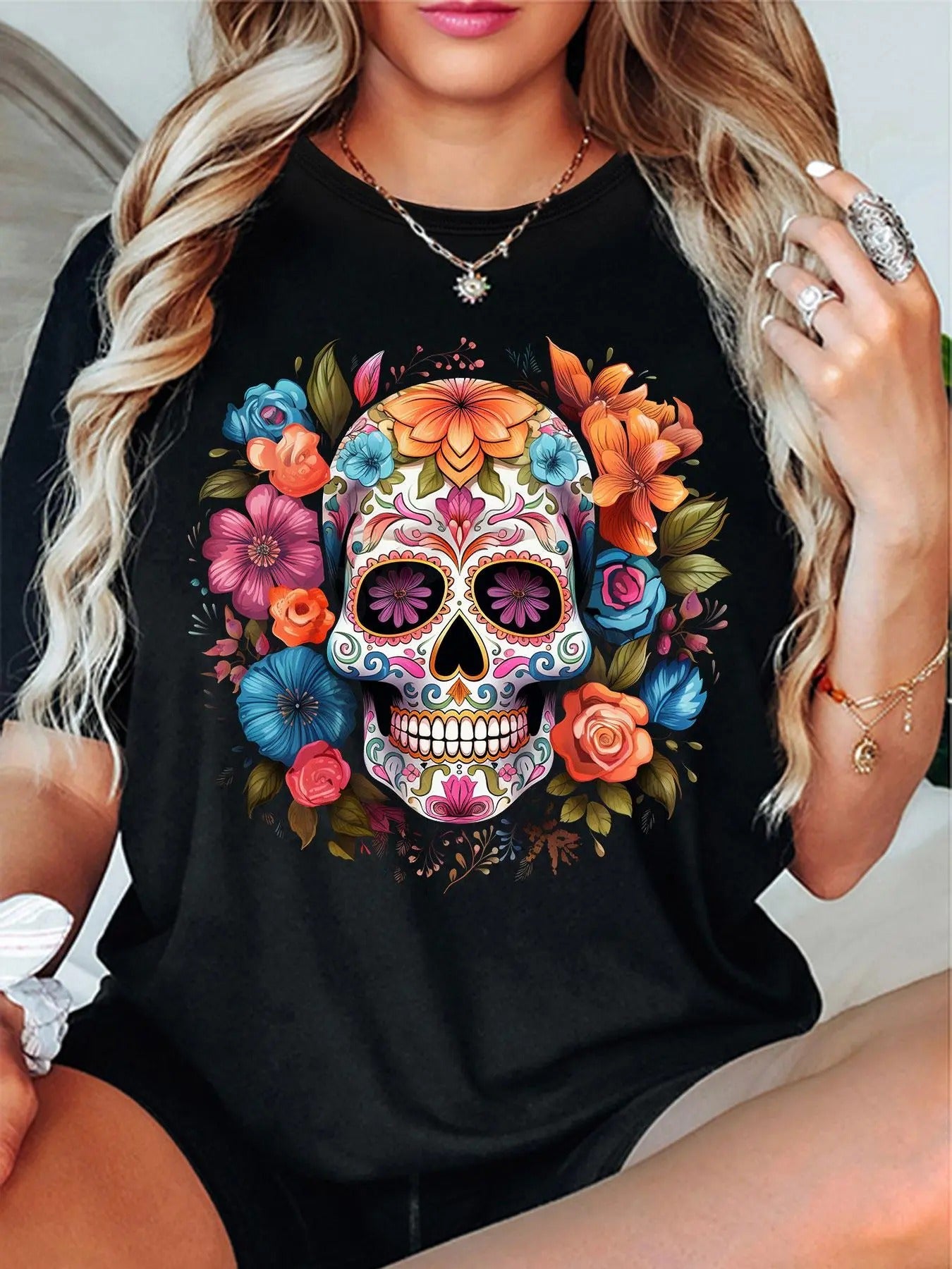 Women'WB shield Floral & Skull Print Round Neck Tee, Fashion Casual Crew Neck Short Sleeve T-Shirt for Daily Holiday...