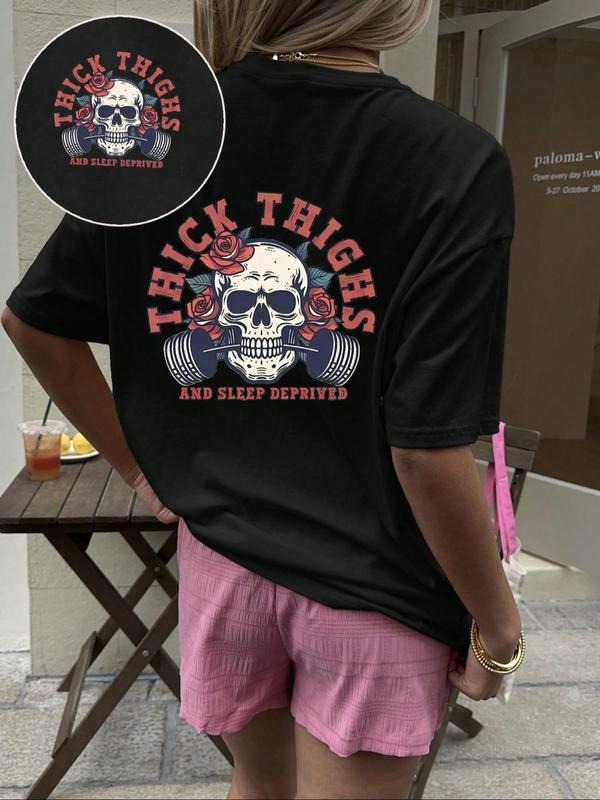 Women'WB shield Floral & Skull Print Round Neck Tee, Fashion Casual Crew Neck T-Shirt for Daily Holiday Vacation Outdoor...