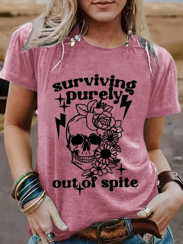 Women'WB shield Floral & Skull Print Round Neck Tee, Fashion Casual Letter Graphic Crew Neck T-Shirt for Daily Holiday...