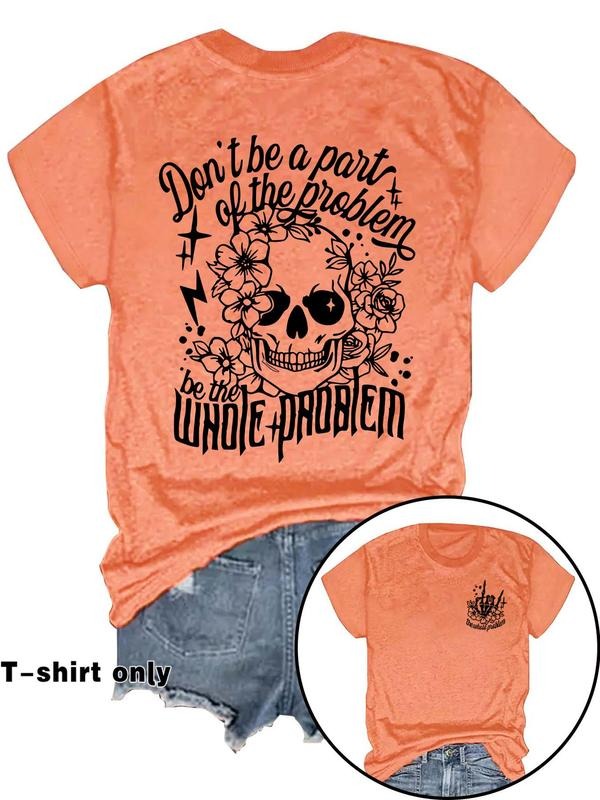 Women'WB shield Floral & Skull Print Round Neck Tee, Fashion Casual Letter Graphic Crew Neck T-Shirt for Daily Holiday...