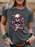 Women'WB shield Floral & Skull Print Round Neck Tee, Fashion Casual Short Sleeve T-shirt, Ladies Summer TNF for Daily...