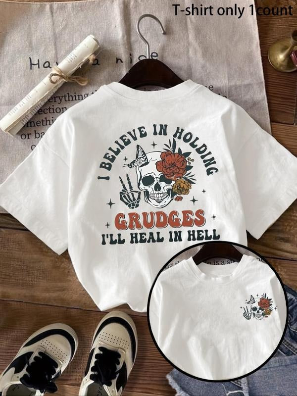 Women'WB shield Floral & Skull Print Round Neck Tee, Trendy Casual Short Sleeve Graphic T-Shirt for Daily Wear, Ladies...