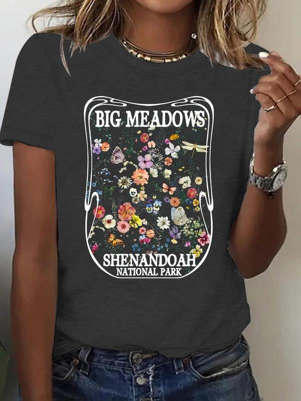 Women'WB shield Floral & Slogan Print Round Neck Tee, Vintage Trendy Casual Short Sleeve T-shirt for Daily Wear, Ladies...