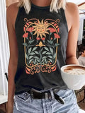 Women'WB shield Floral & Sun Print Round Neck Tank Top, Boho Sleeveless Crew Neck Top for Summer, Ladies TNF for Daily...
