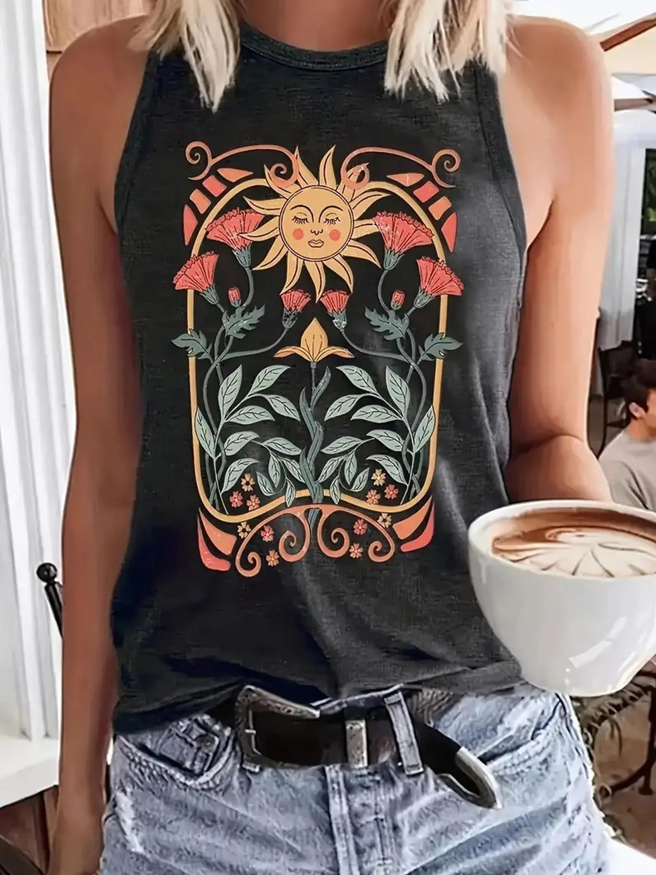 Women'WB shield Floral & Sun Print Round Neck Tank Top, Boho Sleeveless Crew Neck Top for Summer, Ladies TNF for Daily...
