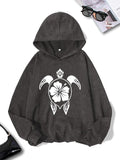 Women'WB shield Floral & Turtle Print Drop Shoulder Hoodie, Fashion Casual Long Sleeve Hooded Sweatshirt for Daily...