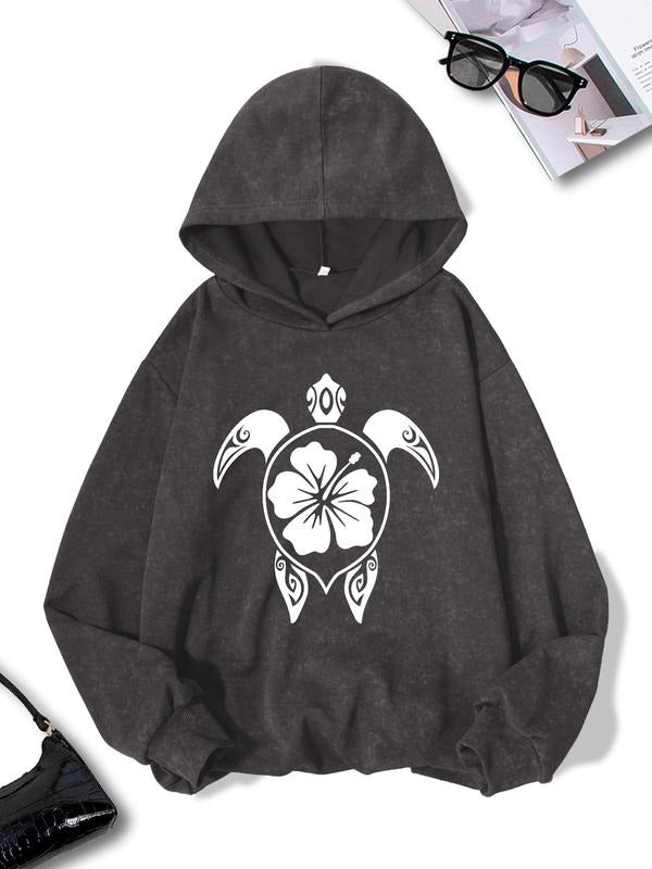 Women'WB shield Floral & Turtle Print Drop Shoulder Hoodie, Fashion Casual Long Sleeve Hooded Sweatshirt for Daily...