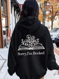 Women'WB shield Floral Book & Letter Print Drawstring Pocket Hoodie, Casual Drop Shoulder Long Sleeve Hooded Sweatshirt,...