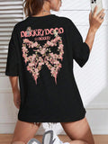 Women'WB shield Floral Bow Print Drop Shoulder Tee, Fashion Casual Round Neck Half Sleeve T-shirt for Daily Outdoor Wear,...