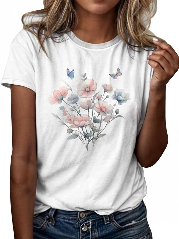 Women'WB shield Floral Butterfly Print Round Neck Tee, Casual Short Sleeve Crew Neck T-shirt for Daily Wear, Ladies TNF...