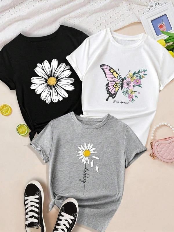 Women'WB shield Floral Graphic Short Sleeve Tee, Casual Round Neck T-Shirt, Ladies Summer TNF for Daily Wear Hoodie,...