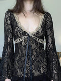 Women'WB shield Floral Lace Tie Front Flounce Sleeve Top, Y2K Deep Superhero team Neck Long Sleeve Top for Spring & Fall,...