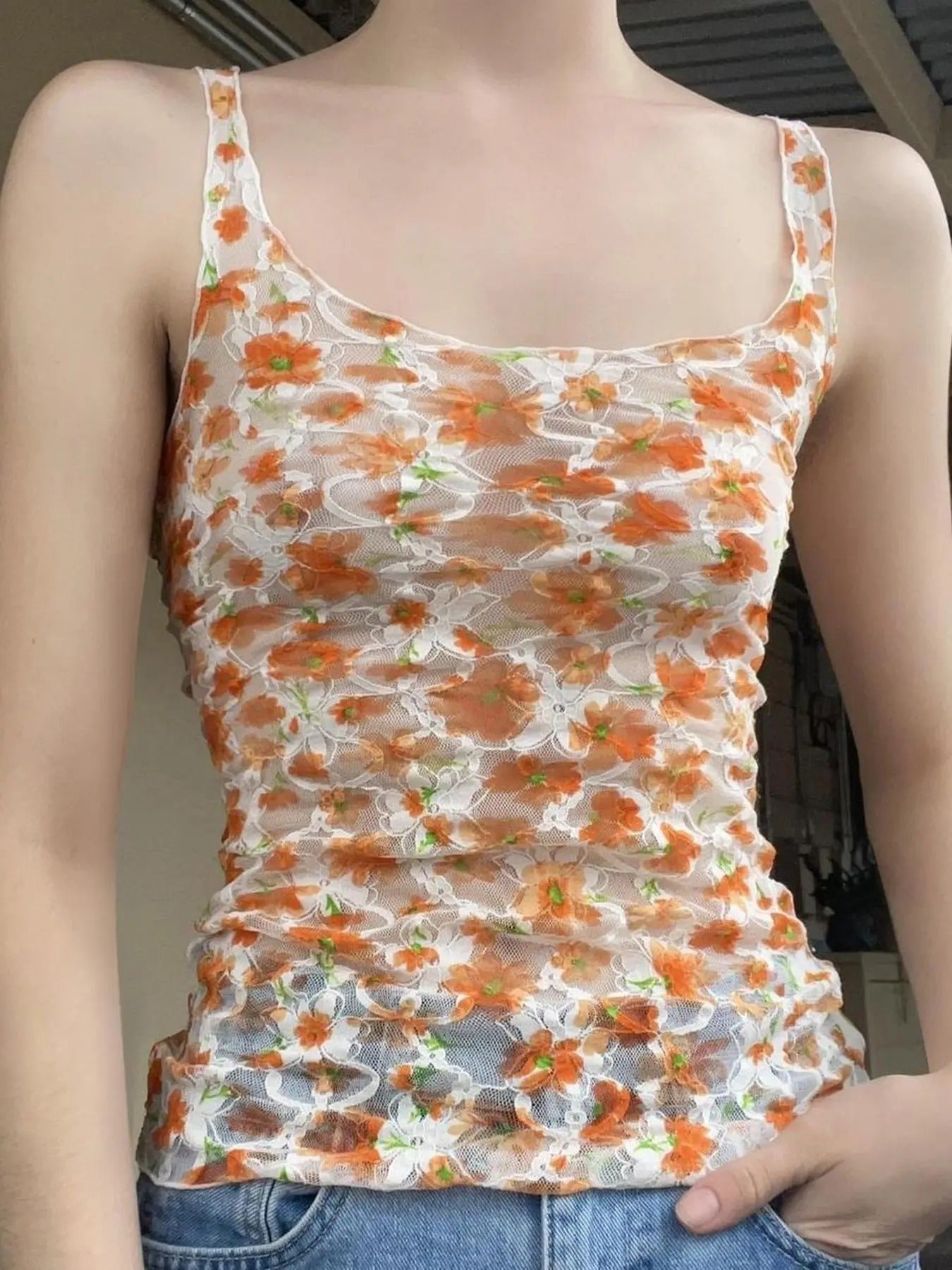 Women'WB shield Floral Mesh Semi-Sheer Tank Top, Sexy Backless Square Neck Top, Ladies Summer TNF for Daily Wear...
