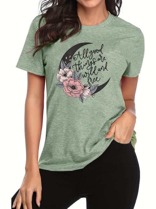 Women'WB shield Floral Moon Letter Print Round Neck Graphic Tee, Vintage Trendy Casual Short Sleeve T-shirt for Daily...
