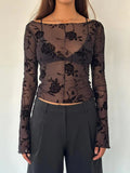 Women'WB shield Floral Pattern Sheer Mesh Top, Long Sleeve Boat Neck Top for Daily Wear, Ladies TNF for Spiky hair...
