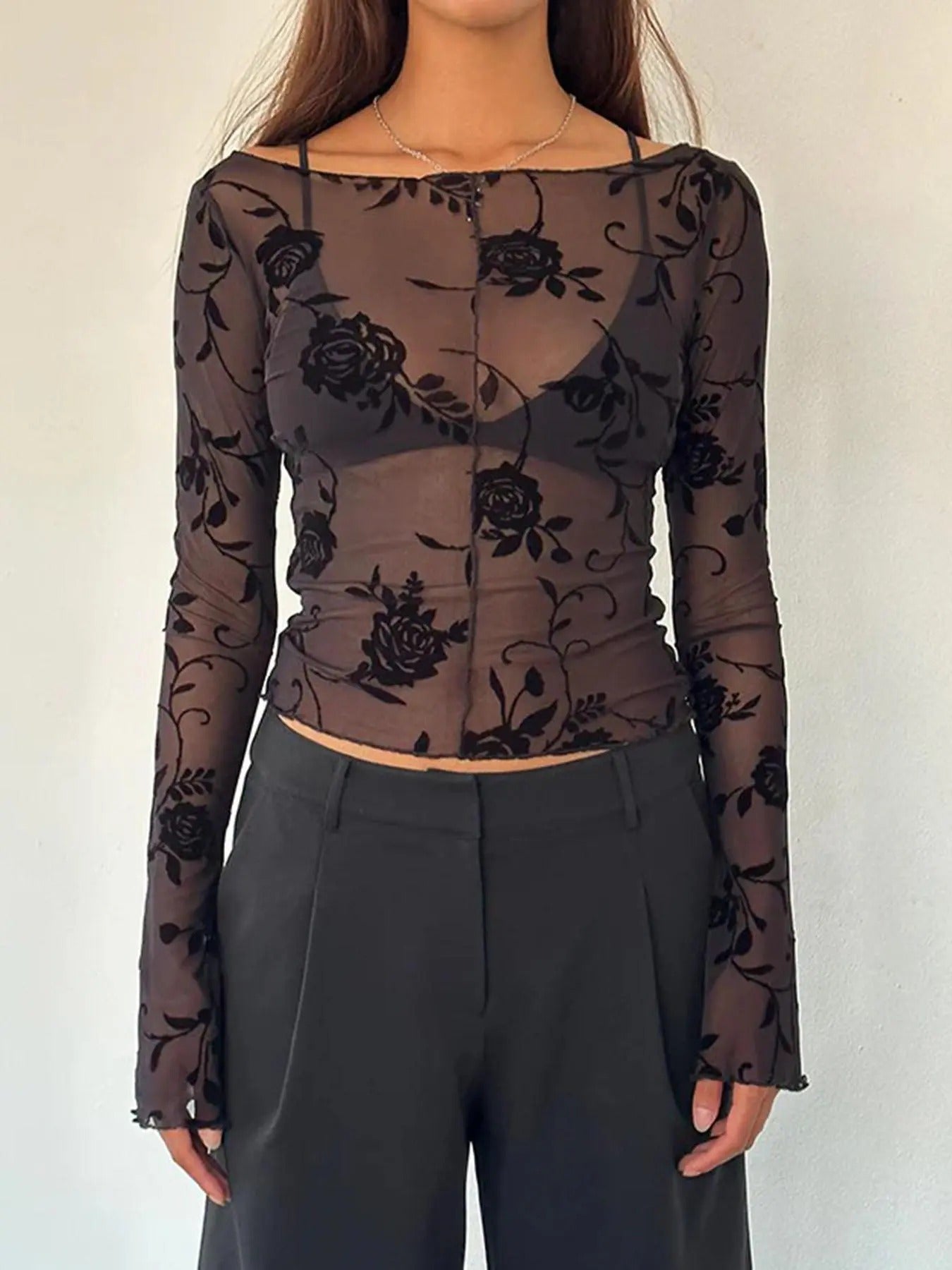 Women'WB shield Floral Pattern Sheer Mesh Top, Long Sleeve Boat Neck Top for Daily Wear, Ladies TNF for Spiky hair...