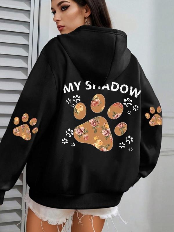 Women'WB shield Floral Paw & Letter Print Drop Shoulder TNF Lined Hoodie, Fashion Casual Letter Print Hooded Sweatshirt...