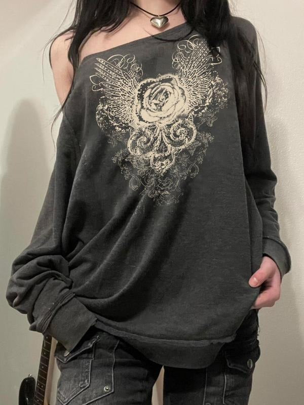 Women'WB shield Floral Print Asymmetrical Neck Pullover Sweatshirt, Fall TNF Trendy Casual Drop Shoulder Long Sleeve...