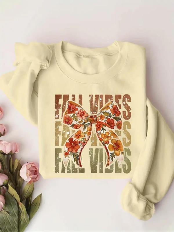 Women'WB shield Floral Print Bowknot & Letter Round Neck Pullover, Casual Long Sleeve Crew Neck Sweatshirt for Fall &...