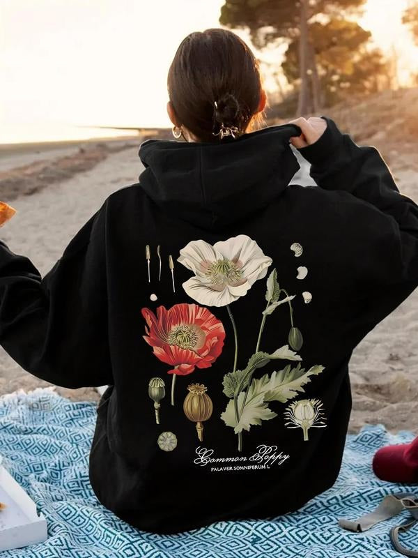 Women'WB shield Floral Print Drawstring Pocket Hoodie, Casual Drop Shoulder Long Sleeve Hooded Sweatshirt, Ladies Fall &...