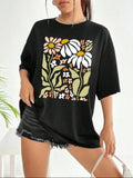 Women'WB shield Floral Print Drop Shoulder Crew Neck Tee, Casual Summer TNF Women Short Sleeve Round Neck T-shirt for...