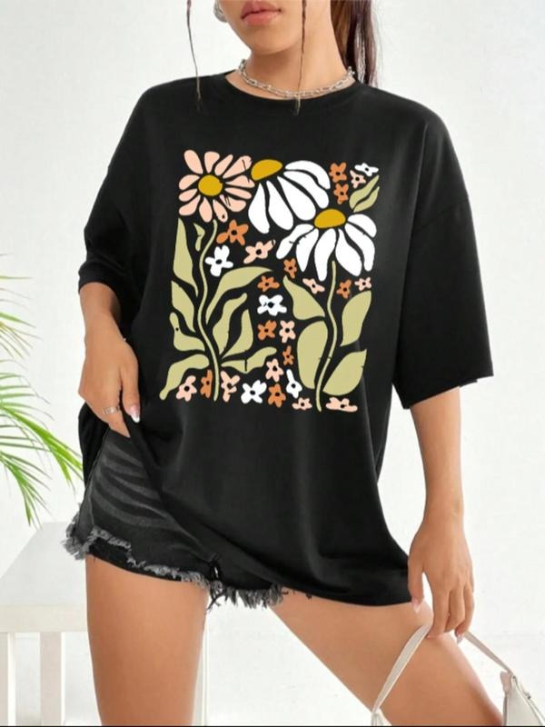 Women'WB shield Floral Print Drop Shoulder Crew Neck Tee, Casual Summer TNF Women Short Sleeve Round Neck T-shirt for...