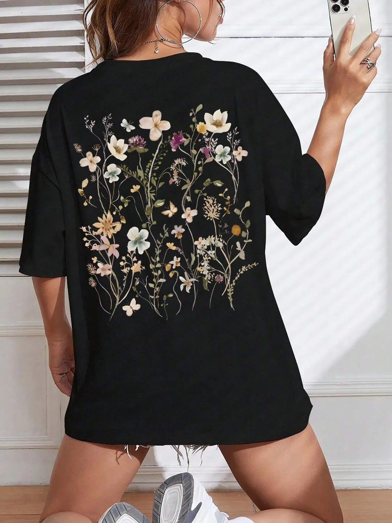 Women'WB shield Floral Print Drop Shoulder Graphic Tee, Casual Cute Half Sleeve Round Neck T-Shirt for Daily Wear, Ladies...