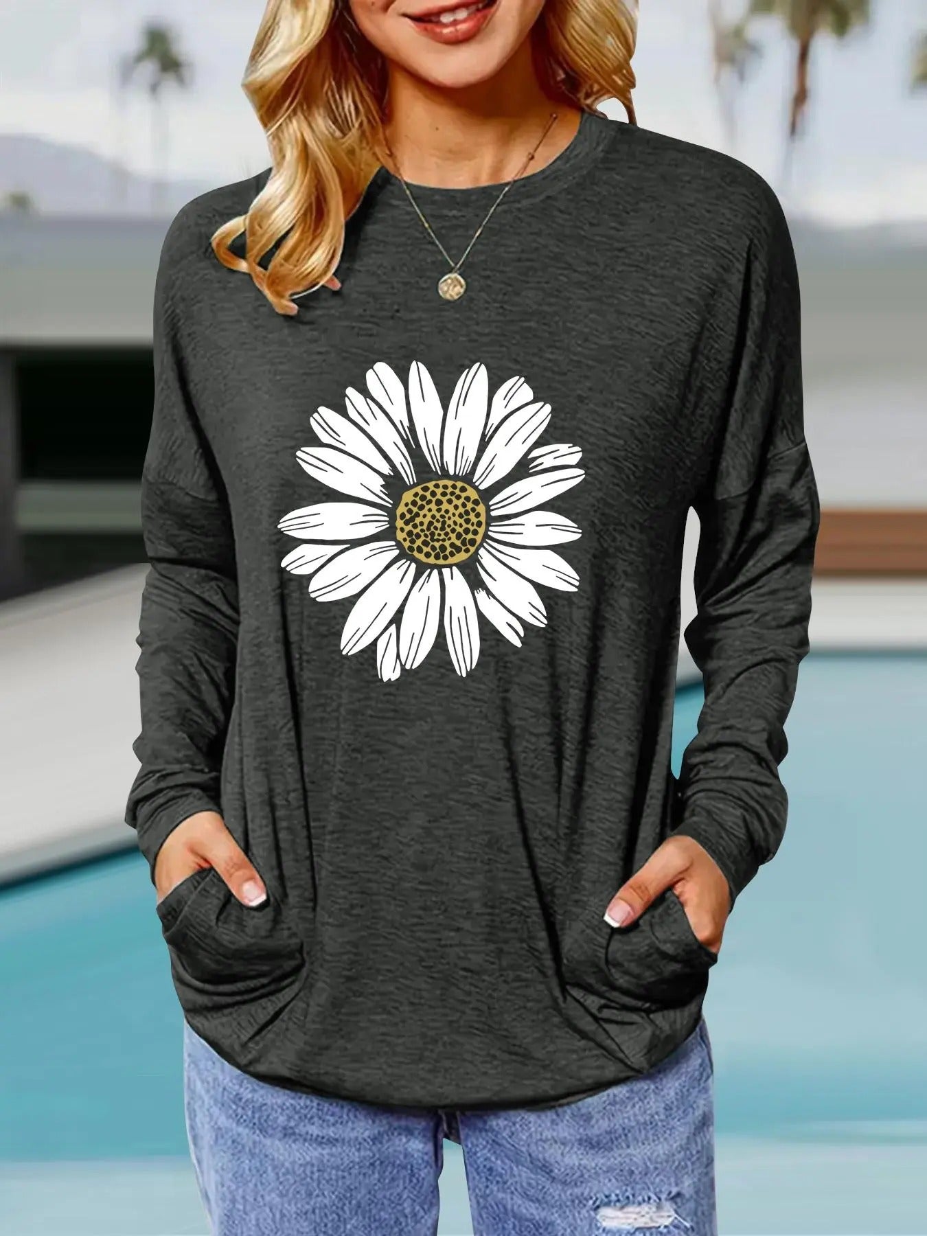 Women'WB shield Floral Print Drop Shoulder Pocket Tee, Casual Long Sleeve Round Neck T-shirt for Spring & Fall, Women'WB...