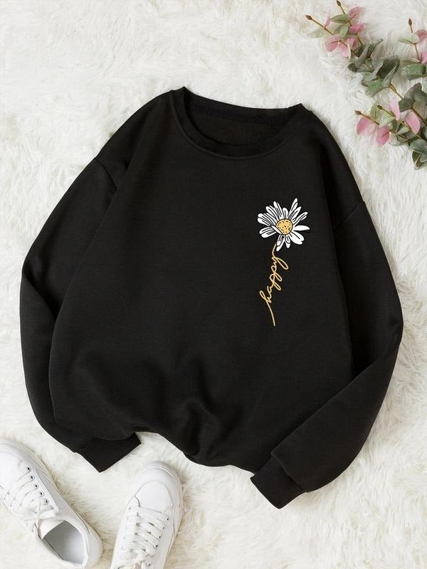 Women'WB shield Floral Print Drop Shoulder Sweatshirt, Casual Long-Sleeve Crew Neck Pullover For Daily Wear, Ladies Fall...