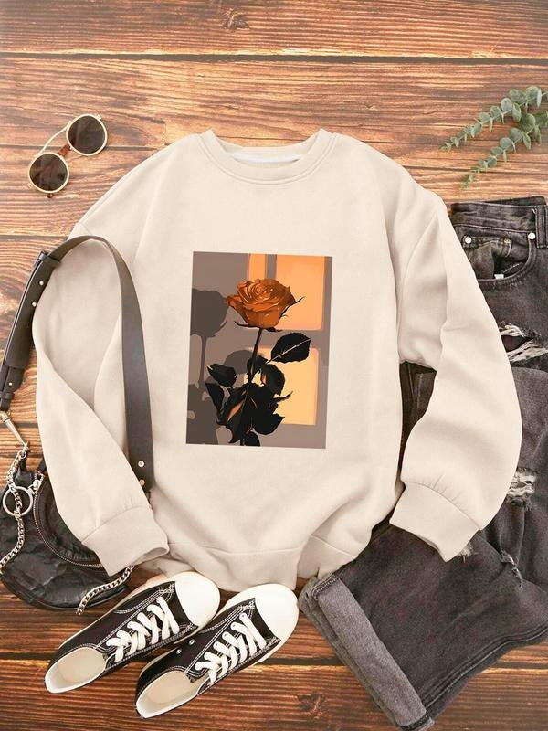 Women'WB shield Floral Print Drop Shoulder Sweatshirt, Casual Long-Sleeve Crew Neck Pullover For Daily Wear, Ladies Fall...