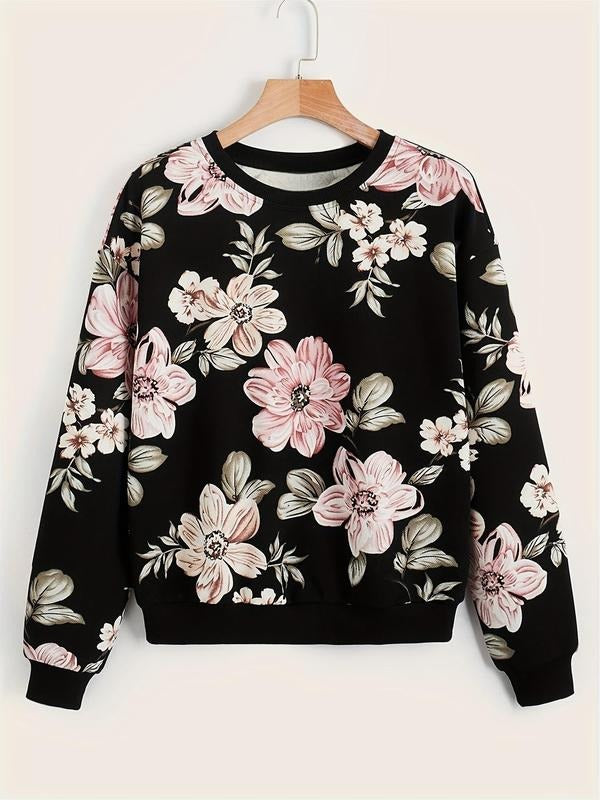 Women'WB shield Floral Print Drop Shoulder Sweatshirt, Casual Long Sleeve Round Neck Pullover For Spring & Fall, Women'WB...