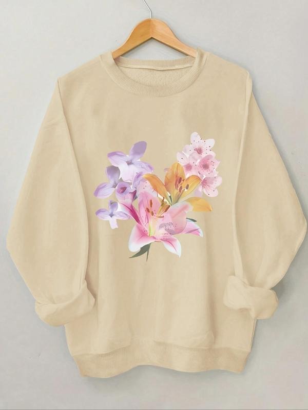Women'WB shield Floral Print Drop Shoulder Sweatshirt, Casual Long Sleeve Round Neck Pullover for Daily Wear, Ladies TNF...