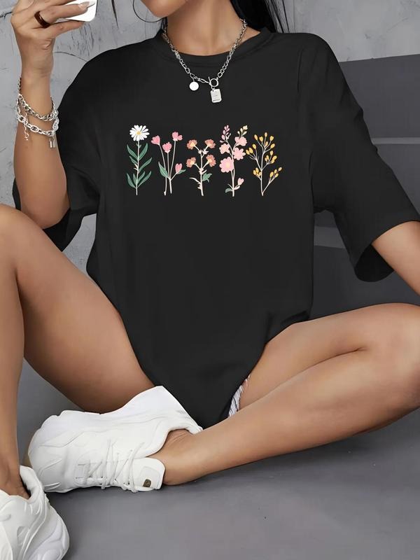 Women'WB shield Floral Print Drop Shoulder Tee, Casual Half Sleeve Round Neck T-Shirt for Daily Wear, Ladies TNF for...