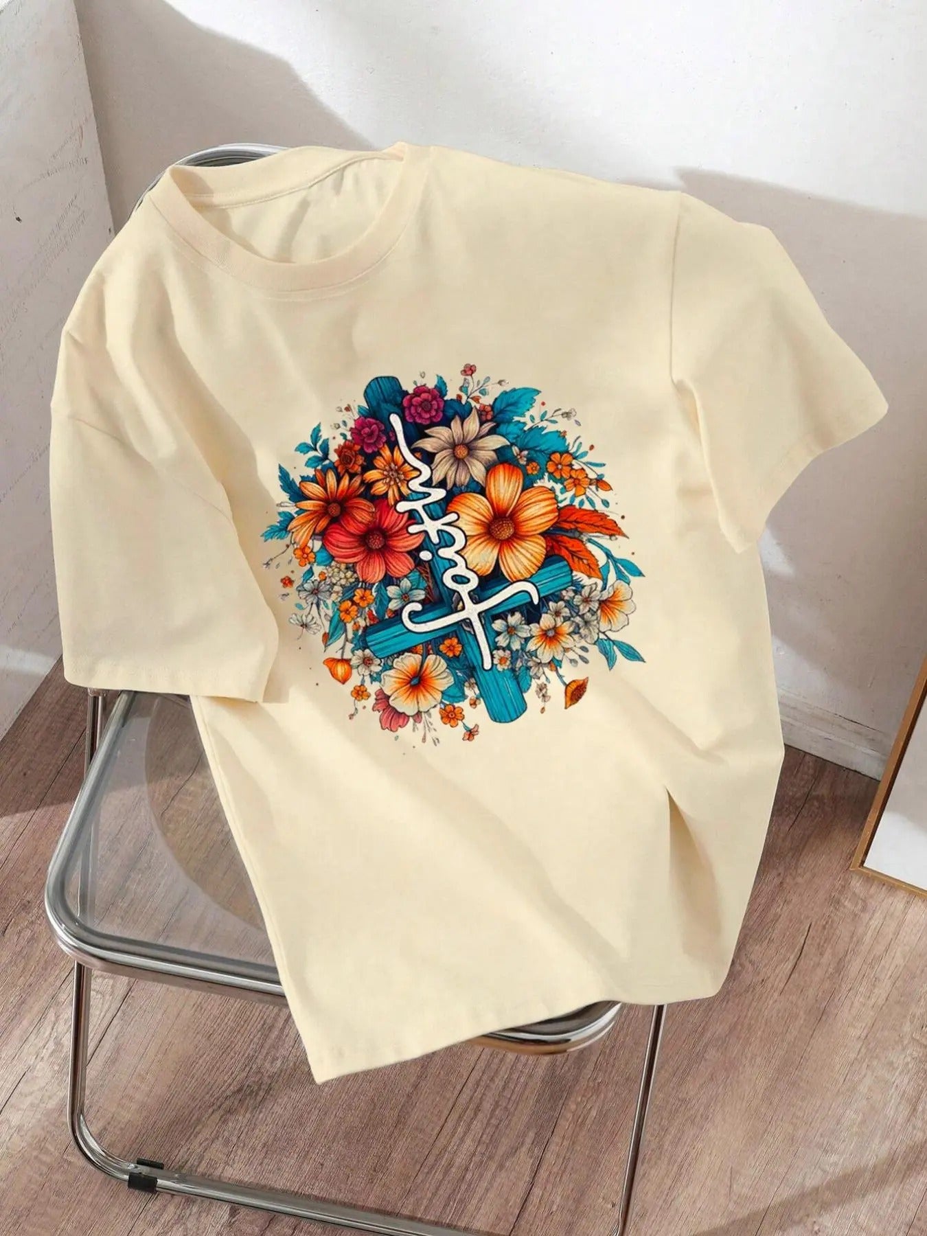 Women'WB shield Floral Print Drop Shoulder Tee, Casual Short Sleeve Round Neck T-shirt for Daily Wear, Ladies TNF for...