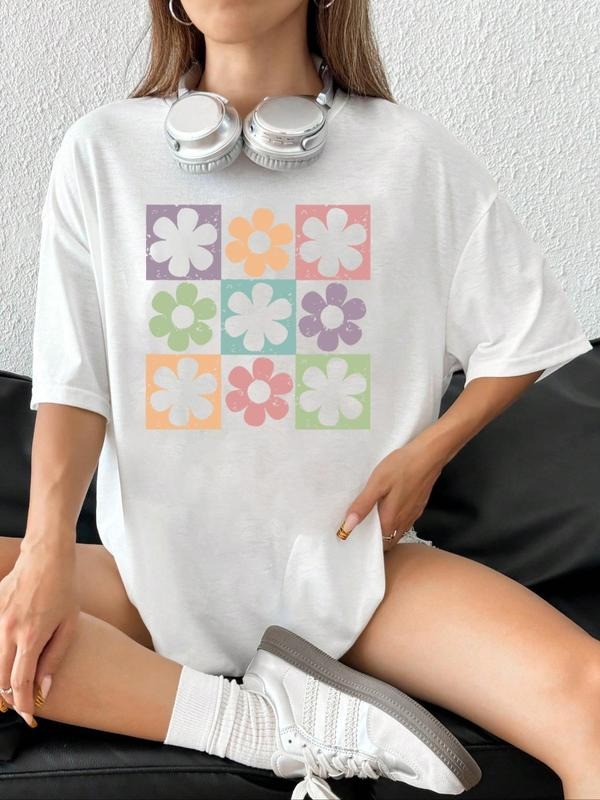 Women'WB shield Floral Print Drop Shoulder Tee, Casual Short Sleeve Round Neck T-shirt for Summer, Fashion Women'WB...