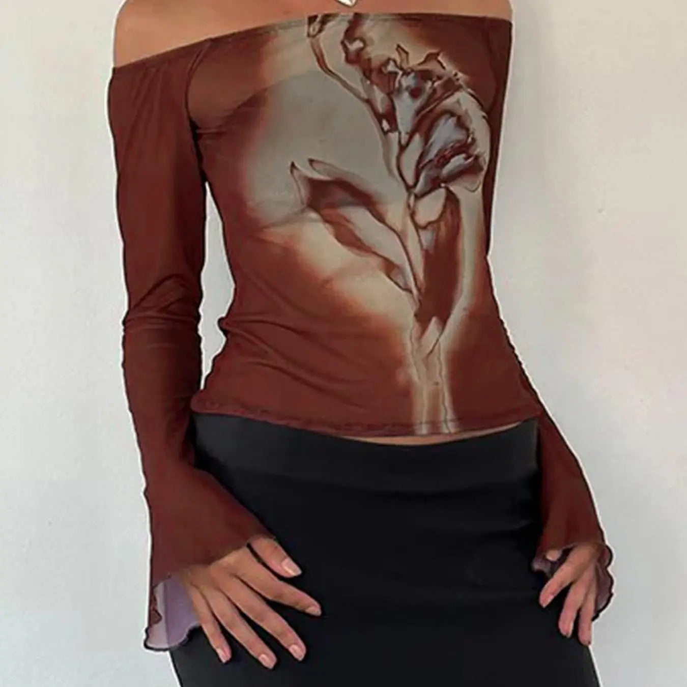 Women'WB shield Floral Print FOG Shoulder Sheer Top, Fashion Casual Flounce Sleeve Top for Daily Outdoor Wear, Women...
