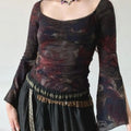 Women'WB shield Floral Print Flounce Sleeve Mesh Top, Retro Scoop Neck Long Sleeve Top for Fall, Women'WB shield Clothing...