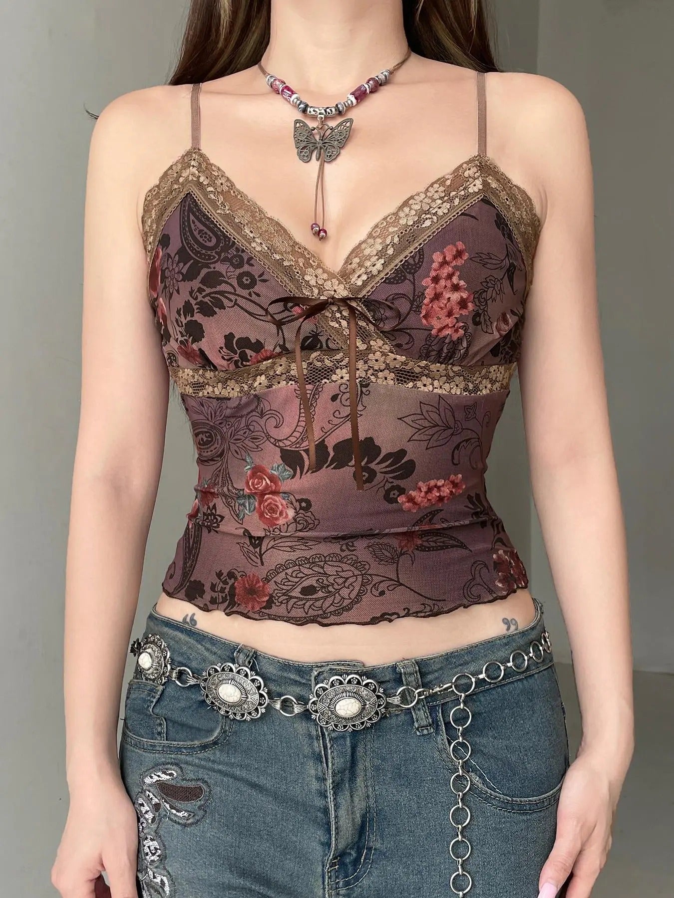 Women'WB shield Floral Print Lace Trim Cami Top, Retro Fashion Casual Spaghetti Strap Top for Daily Outdoor Wear, Women...