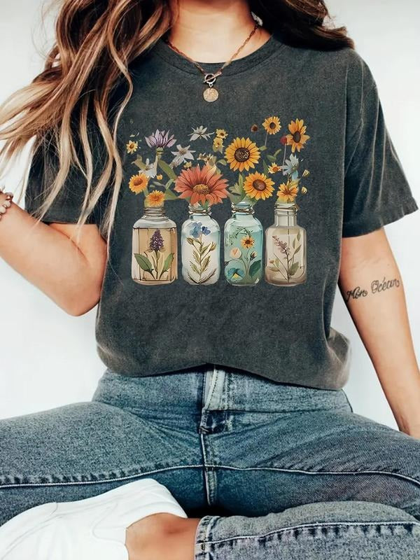 Women'WB shield Floral Print Mason Jar Round Neck Tee, Fashion Casual Short Sleeve T-shirt for Daily Wear, Ladies Summer...