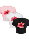 Women'WB shield Floral Print Round Neck Crop Tee, Casual Short Sleeve Crew Neck T-shirt for Summer, Ladies TNF for Daily...