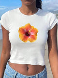 Women'WB shield Floral Print Round Neck Crop Tee, Casual Slim-fitting Cap Sleeve T-shirt, Ladies Summer TNF for Daily...